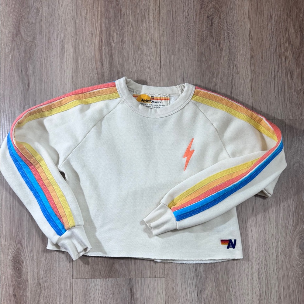 Aviator Nation Cream 5 stripe cropped Crewneck.